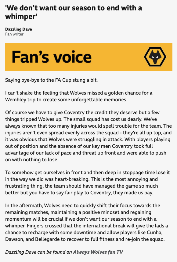 Wolves News: WOLVES FA CUP HEARTBREAK