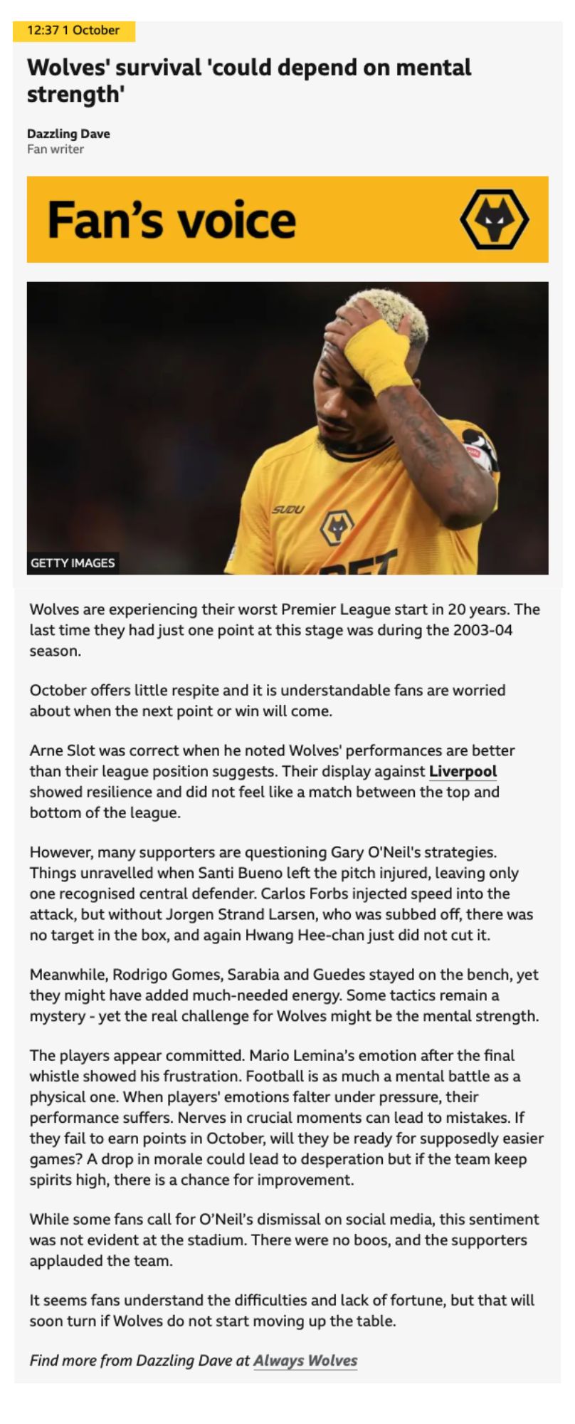 Wolves News BBC Sport Wolves survival could depend on mental strength