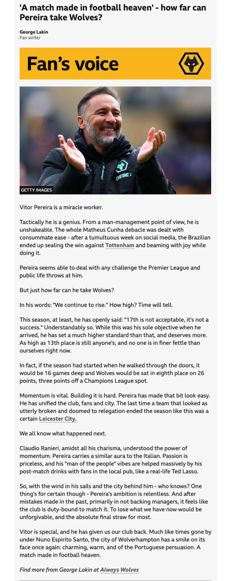 THE PORTUGUESE TOUCH: HOW FAR CAN PEREIRA TAKE WOLVES?