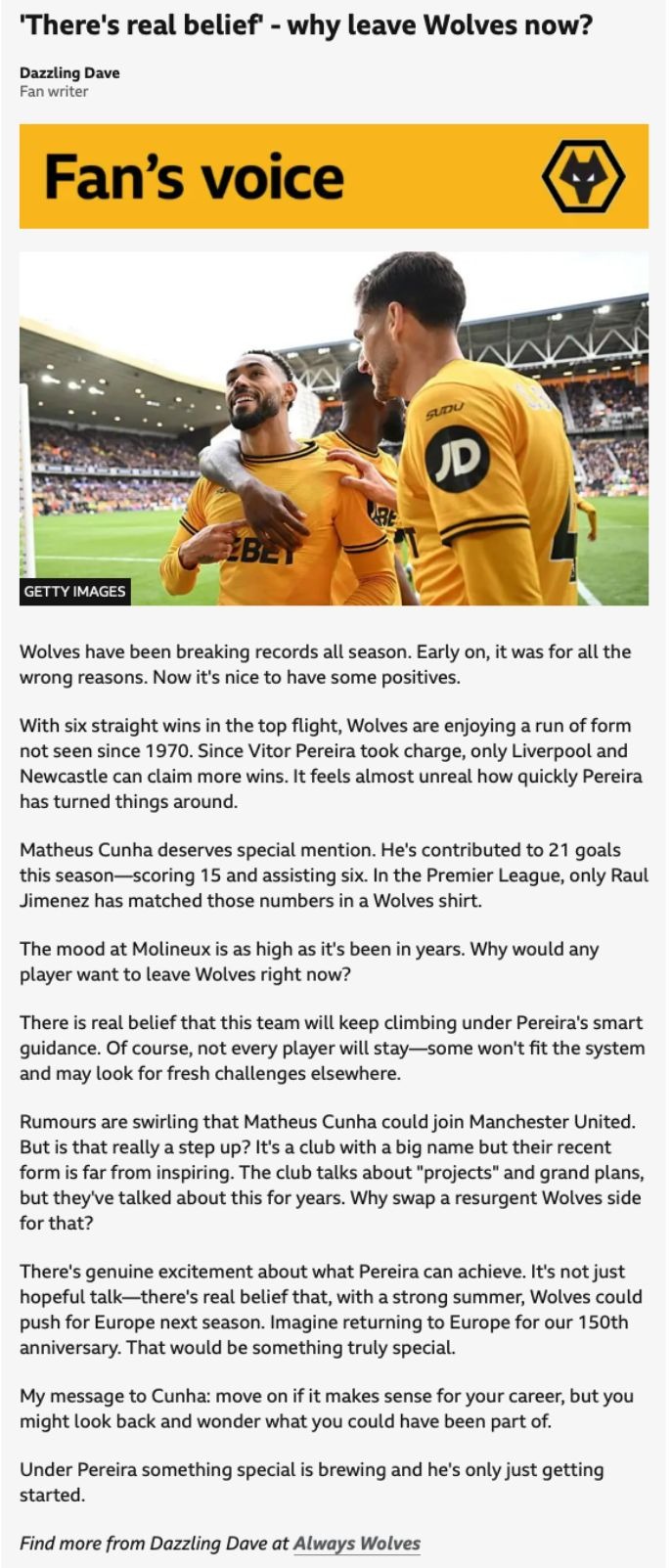 THERE’S REAL BELIEF – WHY LEAVE WOLVES NOW?