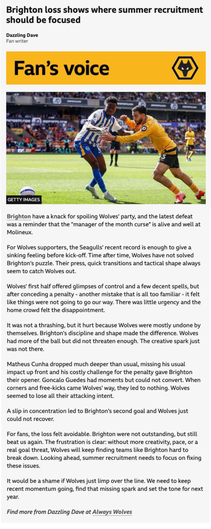 WOLVES STILL CAN’T SOLVE THE BRIGHTON PUZZLE