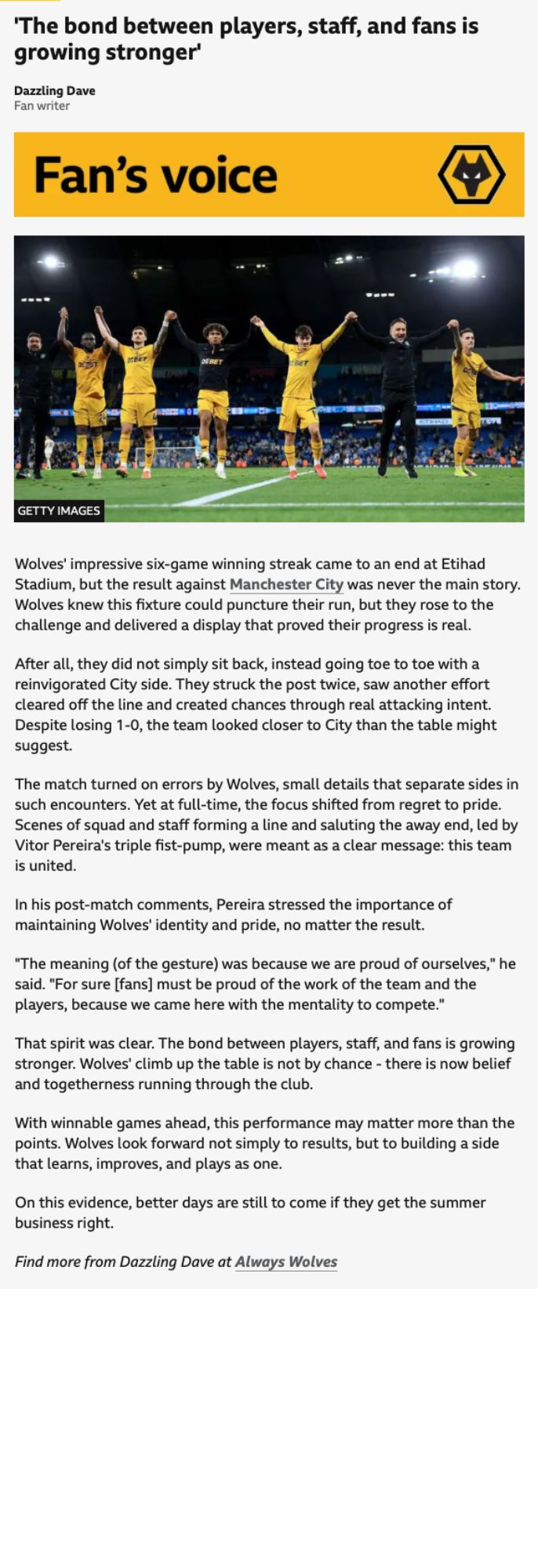 WOLVES SHOW TOGETHERNESS DESPITE END OF WINNING RUN