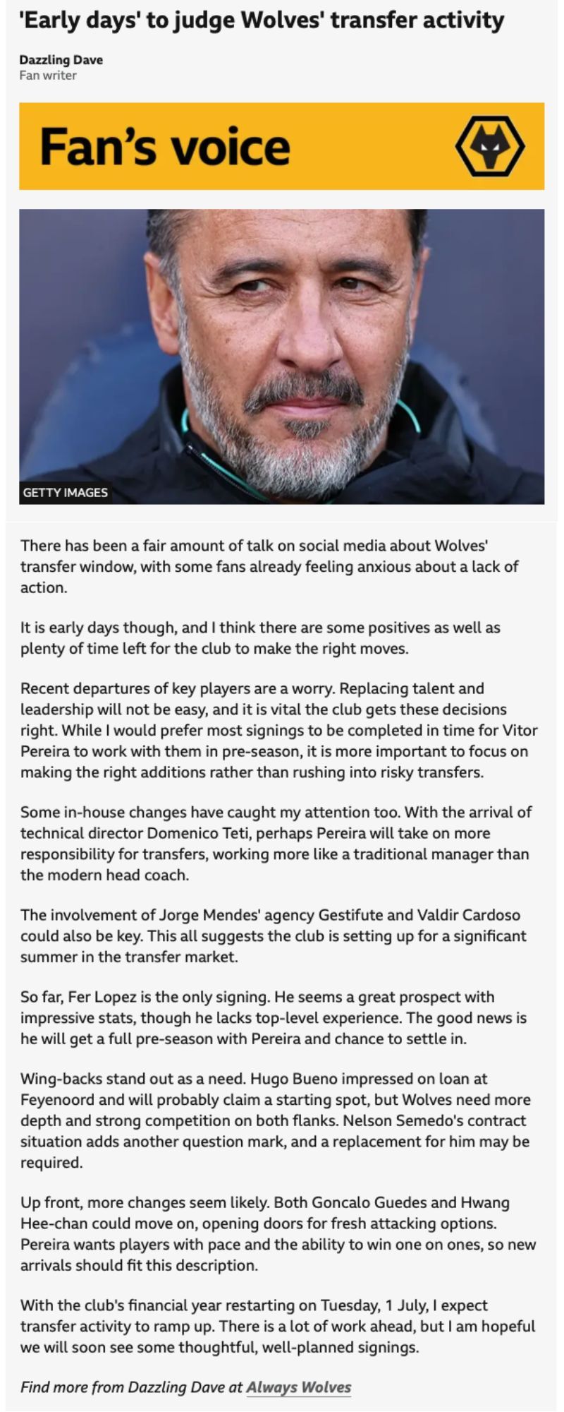 WOLVES TRANSFER WINDOW "It's too early to judge"