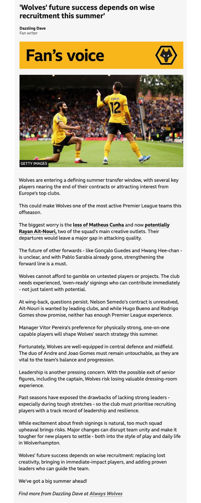 KEY DEPARTURES, KEY DECISIONS: WOLVES FACE MAKE-OR-BREAK TRANSFER WINDOW