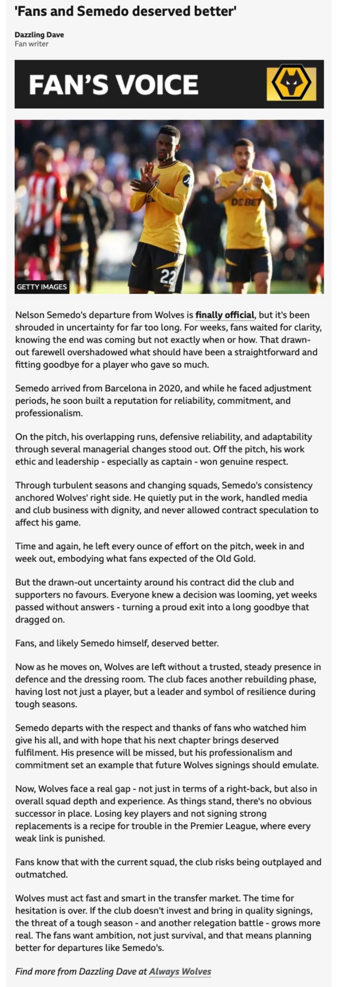 SEMEDO'S FAREWELL: FANS & NELSON DESERVED BETTER