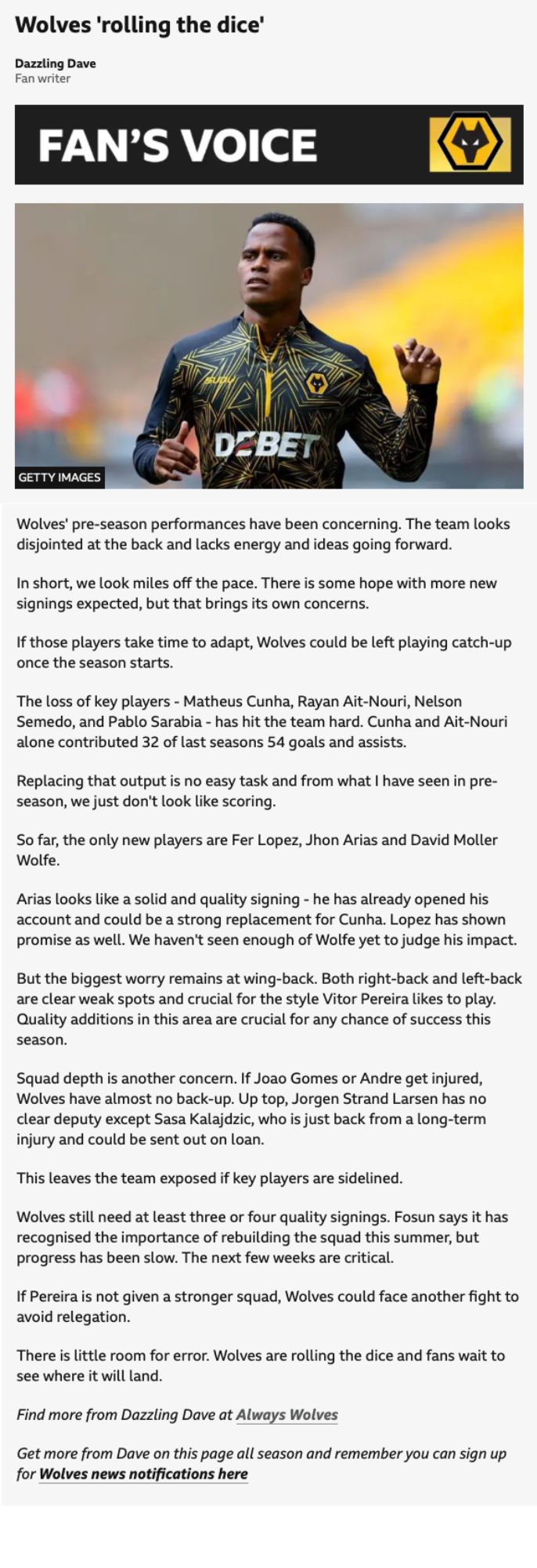 WOLVES’ SUMMER GAMBLE: ROLLING THE DICE ON TRANSFERS